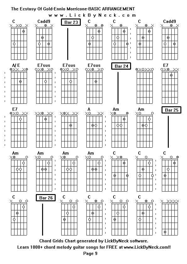 Chord Grids Chart of chord melody fingerstyle guitar song-The Ecstasy Of Gold-Ennio Morricone-BASIC ARRANGEMENT,generated by LickByNeck software.